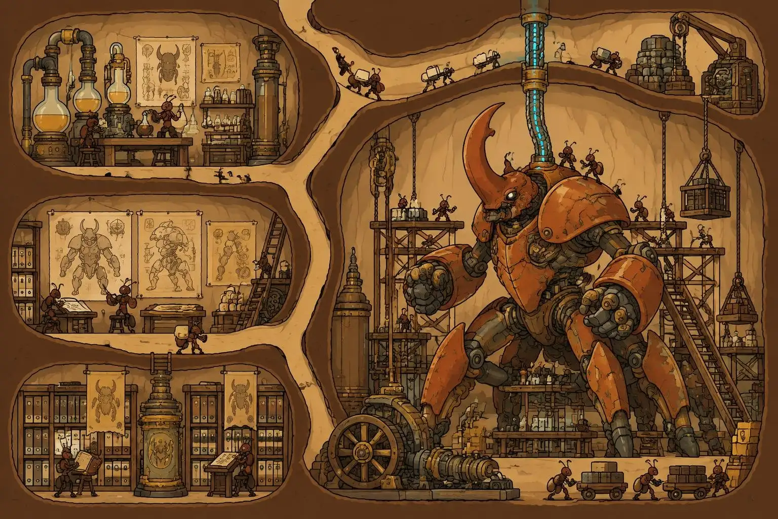 Flat cutaway of an underground ant capital: a laboratory, a drafting room with machine blueprints, a records room, and a hangar where tiny ants work on a giant rust-orange beetle machine held in timber scaffolding, a cyan cable feeding it from the ceiling.