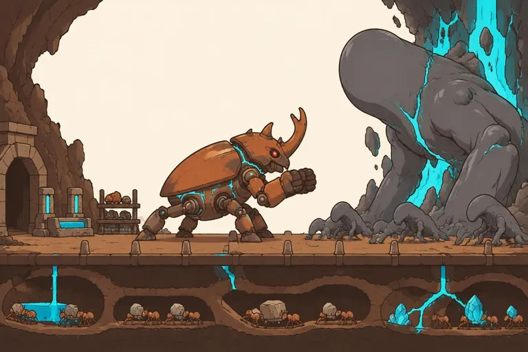Side view of a front line in a cave: a stone dock with charging posts, a cyan basin and a parts rack at the left by the entrance; a beetle-shaped Engine on a lane of stone markers; faceless grey blobs and a huge seamless grey monster boss pouring cyan from a crack at the right; ant tunnels underneath.