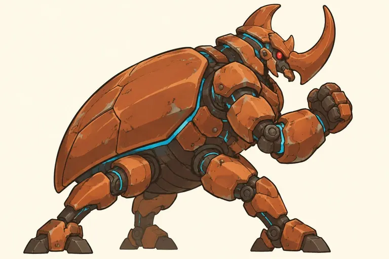 Side view of a giant rhinoceros-beetle machine rearing up: a domed wing-case shell, insect legs braced wide, a horned head with one red eye and two oversized fists, matte rust-orange plates with cyan energy lines in the seams.
