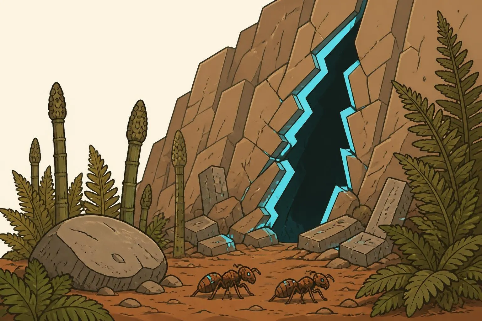 A jagged cyan-edged tear in a rock wall, ruined grey blocks scattered around it, two ant scouts in the foreground among prehistoric ferns.